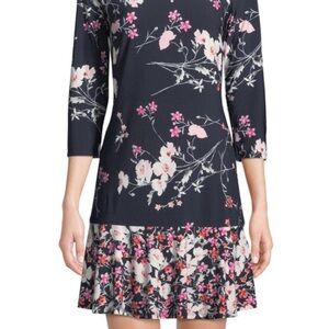 ELIZA J Long-Sleeve Floral-Print Ruffle-Hem Dress, pink and navy
